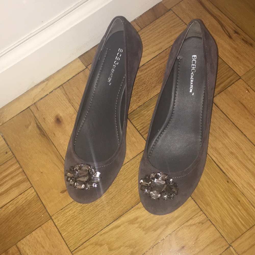BCBG Suede Wedges with Gem Detail